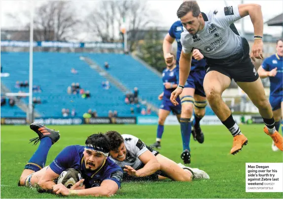  ?? RAMSEY CARDY/SPORTSFILE ?? Max Deegan going over for his side’s fourth try against Zebre last weekend