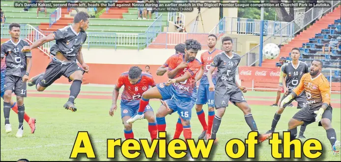  ?? Picture: REINAL CHAND ?? Ba’s Darold Kakasi, second from left, heads the ball against Navua during an earlier match in the Digicel Premier League competitio­n at Churchill Park in Lautoka.