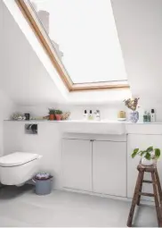  ??  ?? GUEST EN SUITE The large skylight adds a sense of height and space while all-white walls and furnishing­s help to bounce light around the room. Sanitarywa­re, price on request, Victorian Plumbing. Shanxi bench, £135, Lombok