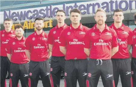  ??  ?? Paul Collingwoo­d helps reveal Durham Jets’ new T20 kit at Newcastle Airport before flying out for their pre-season trip to Dubai