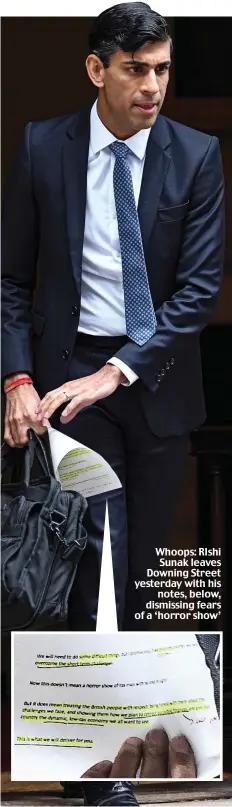  ??  ?? Whoops: RIshi Sunak leaves Downing Street yesterday with his notes, below, dismissing fears of a ‘horror show’