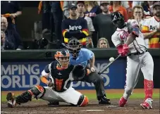  ?? SUE OGROCKI - THE ASSOCIATED PRESS ?? Atlanta Braves’ Jorge Soler hits a three-run home run during the third inning in Game 6of the World Series between the Houston Astros and the Atlanta Braves on Tuesday.
