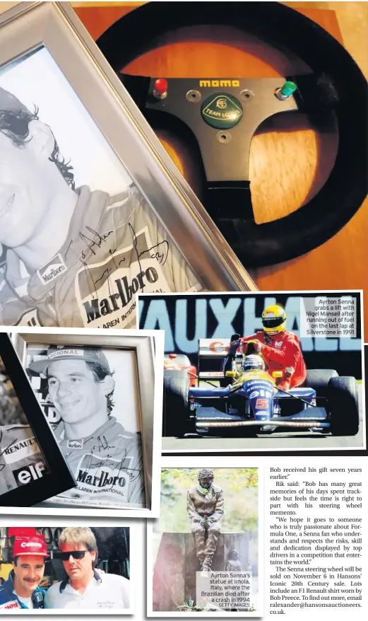  ?? GETTY IMAGES ?? Ayrton Senna’s statue at Imola, Italy, where the Brazilian died after a crash in 1994
Ayrton Senna grabs a liftwith Nigel Mansell after running out of fuel the last lap at Silverston­e in 1991