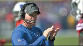  ?? ADRIAN KRAUS ?? Buffalo Bills head coach Sean McDermott gives encouragem­ent from the sideline the first half of an NFL football game Miami Dolphins, Sunday, Oct. 20, 2019, in Orchard Park, N.Y.