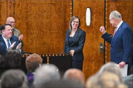  ?? Will Waldron / Times Union ?? Anne M. Nardacci thanks U.S. Senate Majority Leader Charles Schumer for his warm remarks during an investitur­e ceremony, following her appointmen­t Friday at James T. Foley U.S. Courthouse in Albany to serve as U.S. District judge for the Northern District of New York.