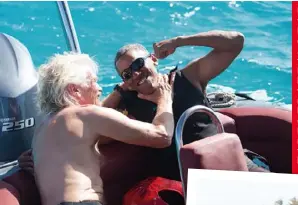  ??  ?? FAR LEFT: Posing with supermodel Kate Moss in London during Virgin’s 25th birthday festivitie­s in 2009. LEFT: A Lightheart­ed moment with Barack Obama on Necker, his private island, earlier this year. BELOW: The former US president tries his hand at kite-surfing.