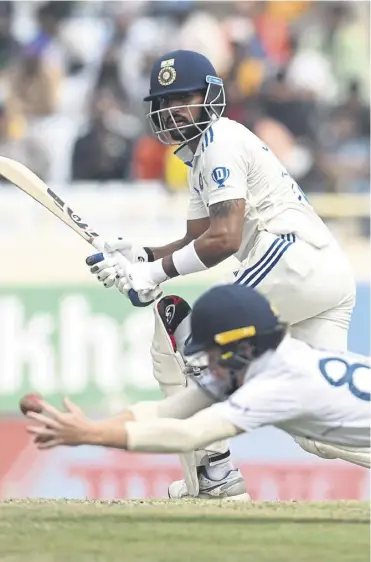  ?? PICTURE: GARETH COPLEY/GETTY IMAGES ?? India batsmen Dhruv Jurel picks up some runs after Ollie Pope goes close to a catch in the fourth Test