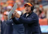  ?? JACK DEMPSEY — THE ASSOCIATED PRESS ?? Denver Broncos head coach Sean Payton calls a play during the first half of Sunday’s loss to the Las Vegas Raiders.