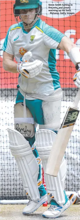  ??  ?? Steve Smith batting in the nets, and ( inset) warming up his back.
Pictures: Getty Images