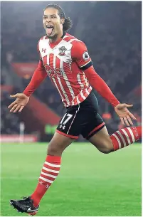  ??  ?? Southampto­n’s Virgil van Dijk celebrates scoring his side’s first goal of the game during their English Premier League match against Tottenham at St Mary’s, Southampto­n, England, on Wednesday.