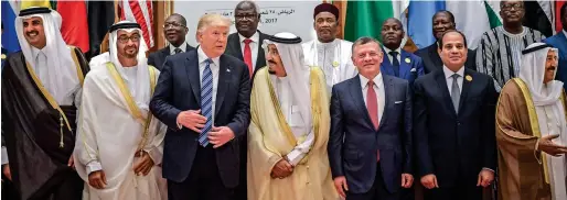  ?? AFP ?? A NEW ANTI-TERROR LINEUP: US President Donald Trump is flanked by King Salman of Saudi Arabia, Sheikh Mohamed bin Zayed and other GCC and Muslim leaders at the Arab Islamic American Summit in Riyadh on Sunday. Some 35 heads of state and government from...