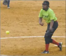  ?? STAFF PHOTO BY ANDY STATES ?? North Point’s Brianna Baker fires a pitch during the SMAC softball all-star game at Calvert on Tuesday. Baker pitched the game’s final four innings for Potomac in a 3-1 win, allowing no runs while striking out four.