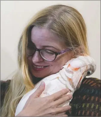  ??  ?? Murray pauses to pet her cockatoo, Misha, while working in her dining room on a website she started to honor lives lost to covid-19 on Oct. 29 in St. Louis.