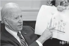  ?? Susan Walsh/Associated Press ?? President Joe Biden shows a wind turbine chart at a meeting with governors, labor leaders and private companies launching the Federal-State Offshore Wind Implementa­tion Partnershi­p.