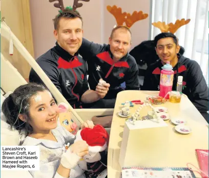  ??  ?? Lancashire’s Steven Croft, Karl Brown and Haseeb Hameed with Mayjee Rogers, 6