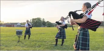  ??  ?? The Kutztown Pipe Band – which consists of Kutztown University faculty and staff, Kutztown Area School District staff and students and Borough residents - performs traditiona­l Celtic music, primarily Scottish, on the Great Highland Bagpipes with Scottish snare, tenor, and bass drums. From left, Harry Edwards on snare drum and Andy Mull and Laura Sherrod (foreground) on pipes.