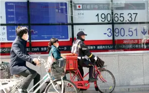  ?? AP ?? An electronic stock board at a securities firm in Tokyo on Wednesday. Asian shares suffered their biggest percentage daily fall since mid-December, with Japanese stocks diving two per cent. —