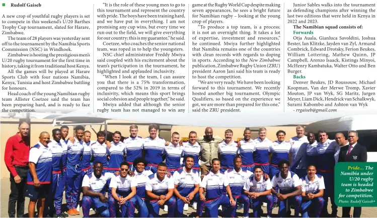  ?? Photo: Rudolf Gaiseb* ?? Pride... The Namibia under U/20 rugby team is headed to Zimbabwe for competitio­n.