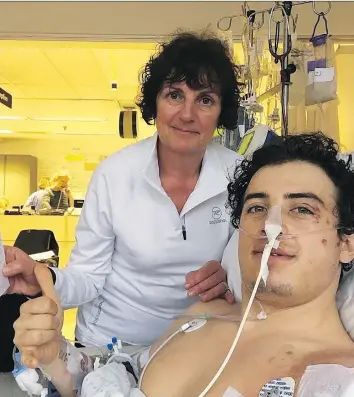  ?? CRAIG MCMORRIS/INSTAGRAM/THE CANADIAN PRESS ?? Olympian Mark McMorris is recovering in a Vancouver hospital with mother Cindy by his side after suffering severe injuries in a snowboardi­ng crash near Whistler, B.C.