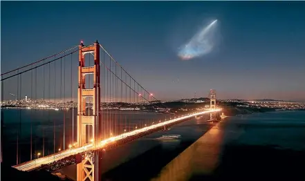  ?? AP ?? A SpaceX Falcon 9 rocket launch is seen in the distance over the Golden Gate Bridge, hundreds of kilometres away from the launch site.