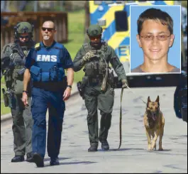  ??  ?? Police walk through a Pflugervil­le neighborho­od as the FBI investigat­es the home of Austin bombing suspect Mark Anthony Conditt (inset) in Texas on Friday.