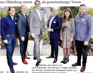  ?? BILD: MARKUS HIBBELER ?? Stellten den Verein vor: Lars Behrendt, Arne Bruhns, Holger Stoppel, Kai Arnold, Vorsitzend­e Stephanie Abke und Henning Bögershaus­en (von links).