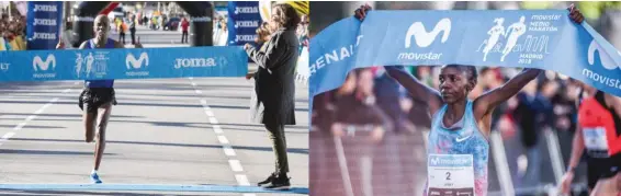  ??  ?? El keniano Ezrah Kiprotich Sang en el momento de cruzar la meta en primera posición con un tiempo de 1:02:37. Tan solo 16 segundos separaron a Naomi Jebet de la consecució­n de un nuevo récord de la prueba.