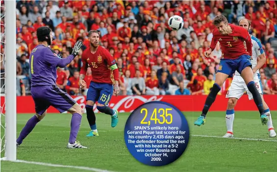  ?? AP ?? The best form of defence: as Spain push for the win, the centre backs become the front two and Pique heads past Cech as Ramos looks on