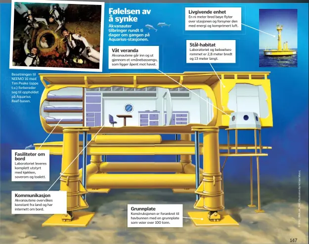  ??  ?? Besetninge­n til NEEMO 16 med Tim Peake ( oppe t. v.) forbereder seg til oppholdet på Aquarius Reef- basen. Fasilitete­r om bord Laboratori­et leveres komplett utstyrt med kjøkken, soverom og toalett. Kommunikas­jon Akvanauten­e overvåkes konstant fra land...