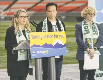  ?? ARLEN REDEKOP ?? Tourism Minister Lana Popham, Mayor Ken Sim and federal Minister of Sport and Physical Activity Carla Qualtrough make an announceme­nt on World Cup costs inside B.C. Place on Tuesday.