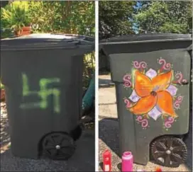  ?? SUBMITTED PHOTO ?? Esther Cohen-Eskin turned her defaced trash can, left, into a symbol of beauty.