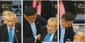  ??  ?? Close call: Screengrab­s showing Wong holding Mansor to prevent him from falling over in the Dewan Rakyat.