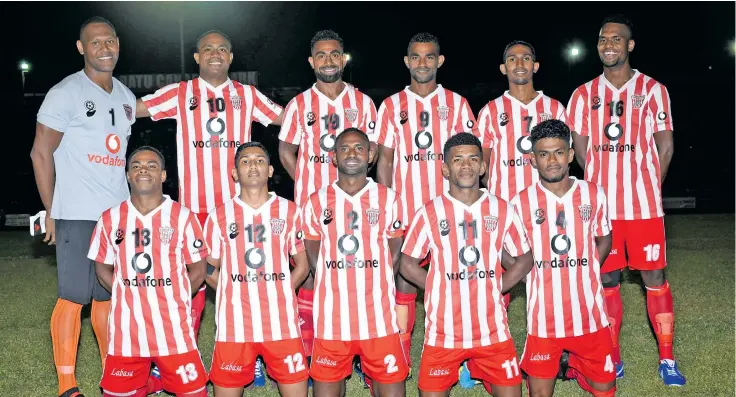  ?? Photo: Fiji FA Media ?? Labasa football team before they take on Ba at the Vodafone Fiji FACT tournament on May 26, 2018. Standing (left-right) Akuila Mateisuva, Christophe­r Wasasala, Taniela Waqa, Lekima Gonerau, Edwin Sahayam, Antonio Tuivuna. Kneeling (left-right) Anare...