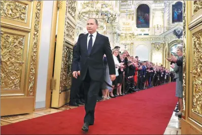  ?? PHOTO BY SPUTNIK ?? Russian President Vladimir Putin arrives for his inaugurati­on at the Grand Kremlin Palace in Moscow on Monday.