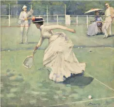  ??  ?? No sweat: the social attraction­s of tennis in John Lavery’s watercolou­r A Rally (1885)