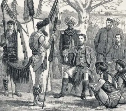  ?? GETTY IMAGES ?? Captain J Butler (assassinat­ed by the Nagas on January 7, 1876) meeting chiefs, Illustrati­on from The Graphic magazine, issue dated March 18, 1876.