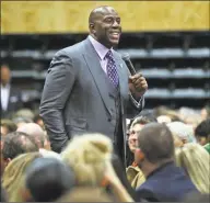  ?? Scott Strazzante / The Chronicle ?? Magic Johnson discusses the “Business of Basketball” in a talk moderated by the Golden State Warriors’ Rick Welts in October 2017 in San Francisco.