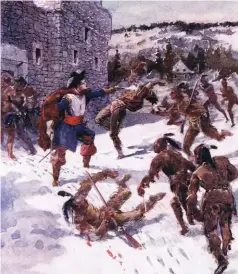  ??  ?? Below: In this romanticiz­ed 1920 painting, Paul de Chomedy de Maisonneuv­e “defends his followers” in 1644 from Mohawk attack. Today statues and plaques in Montreal celebrate Maisonneuv­e as a founder of that city. Montreal history teacher and Mohawk activist Michael Rice, left, argues that these monuments should also explain that the Mohawk chiefs whom Maisonneuv­e killed were honourably defending Rice’s ancestors and homeland.