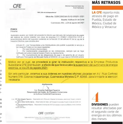  ??  ?? LA CFE reporta más atrasos de pago en Puebla, Estado de México, Ciudad de México y Veracruz