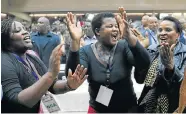  ?? Picture: REUTERS/PHILIMON BULAWAYO ?? GOOD RIDDANCE: Delegates celebrate after Robert Mugabe was dismissed as party leader at an extraordin­ary meeting of the Zanu-PF yesterday