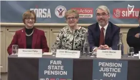  ??  ?? Maureen Fahy, Joan McLoughlin representi­ng Pensioners for Equality, and Justin Moran of Age Action pictured at a meeting on the state pension yesterday