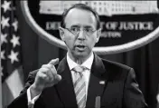  ?? ASSOCIATED PRESS ?? IN THIS JULY 13 FILE PHOTO, Deputy Attorney General Rod Rosenstein speaks during a news conference at the Department of Justice in Washington.