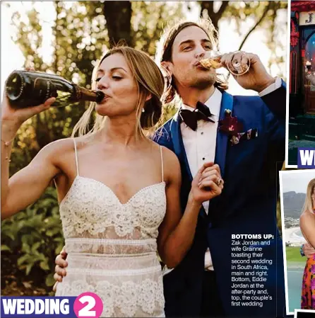  ??  ?? WEDDING 2 Zak Jordan and wife Gráinne toasting their second wedding in South Africa, main and right. Bottom, Eddie Jordan at the after-party and, top, the couple’s first wedding Bottoms up: