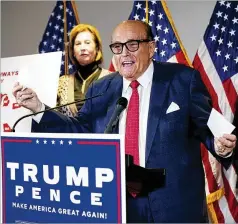  ?? JACQUELYN MARTIN/ASSOCIATED PRESS 2020 ?? Rudy Giuliani, a lawyer for former President Donald Trump, speaks during a news conference at the Republican National Committee headquarte­rs in Washington in November about the outcome of the election.