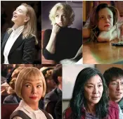  ?? (Focus Features/Netflix/Momentum Pictures/Universal/A24 via AP) ?? This combinatio­n of images shows Oscar nominees for best actress, clockwise from top left, Cate Blanchett in “Tár,” Ana de Armas in “Blonde,” Andrea Riseboroug­h in “To Leslie,” Michelle Yeoh in “Everything Everywhere All at Once,” and Michelle Williams in “The Fabelmans.”