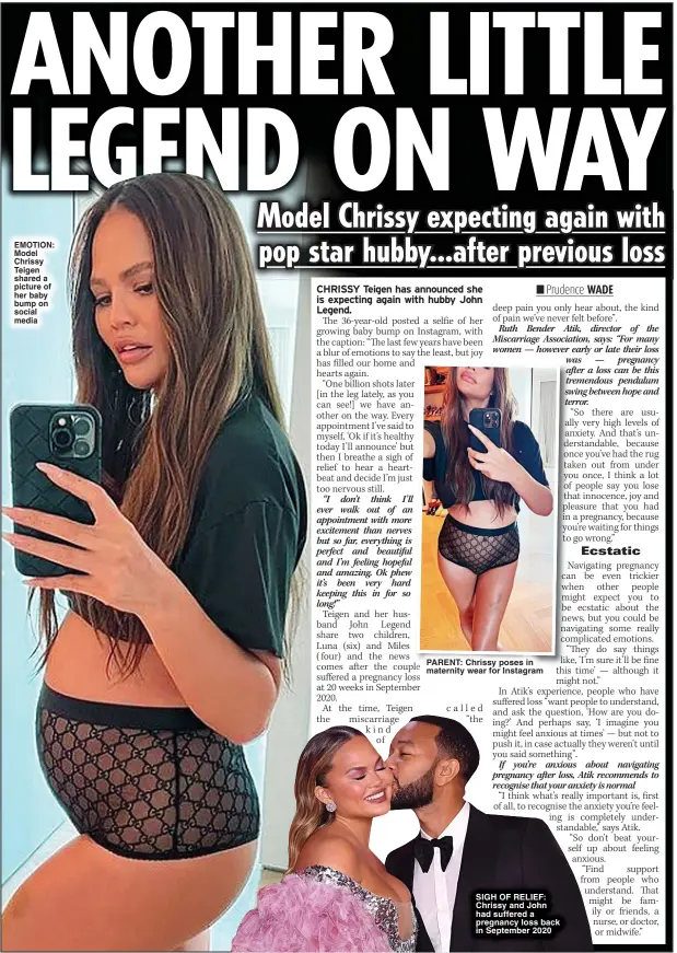  ?? ?? EMOTION: Model Chrissy Teigen shared a picture of her baby bump on social media
PARENT: Chrissy poses in maternity wear for Instagram
SIGH OF RELIEF: Chrissy and John had suffered a pregnancy loss back in September 2020