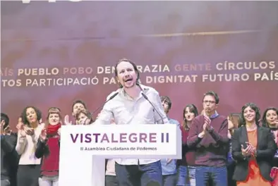  ?? EUROPA PRESS ?? Pablo Iglesias interviene en Vistalegre II, celebrado en febrero del 2017.