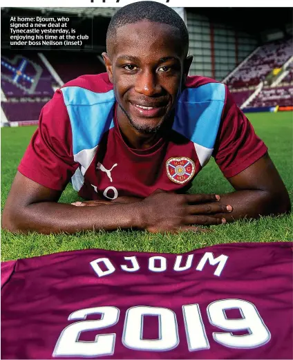  ??  ?? At home: Djoum, who signed a new deal at Tynecastle yesterday, is enjoying his time at the club under boss Neilson (inset)