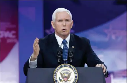  ?? JOSE LUIS MAGANA — THE ASSOCIATED PRESS ?? Vice President Mike Pence speaks at Conservati­ve Political Action Conference, CPAC 2019, in Oxon Hill, Md., Friday.