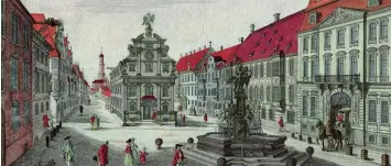  ?? Fotos: Sammlung Häußler ?? Der Herkulesbr­unnen und das Schaezlerp­alais (rechts) ermögliche­n die Orientieru­ng für dieses Bild: Das Siegelhaus stand bis 1809 in der Mitte der heutigen breiten Maximilian­straße.